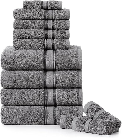 LANE LINEN Towel Set of 12 – 100% Mercerized Cotton, Zero Twist, 4 Large Bath Towel, 4 Hand Towels & 4 Wash Cloths, Quick Dry & Long-Lasting, Perfect for Family Bathrooms, Easy Care – Cool Grey