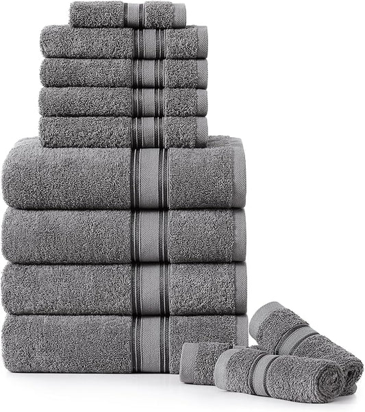 LANE LINEN Towel Set of 12 – 100% Mercerized Cotton, Zero Twist, 4 Large Bath Towel, 4 Hand Towels & 4 Wash Cloths, Quick Dry & Long-Lasting, Perfect for Family Bathrooms, Easy Care – Cool Grey