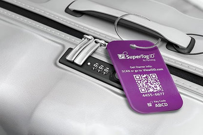 Dynotag® Sentry Series Solid Metal Web Enabled Smart Luggage Tag ID + Steel Loop, Anodized Aluminum with DynoIQ™ & Lifetime Recovery Service (Imperial Purple)
