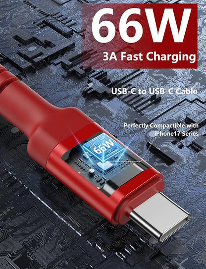 USB C to C Cable 10FT, 2Pack USB C Charger Cable, Long Type C Fast Charging Cable Nylon Braided USBC Charger Cord Compatible with iPhone 17/16/15/Pro/Plus/Pro Max/Samsung Galaxy S23/LG and More-Red