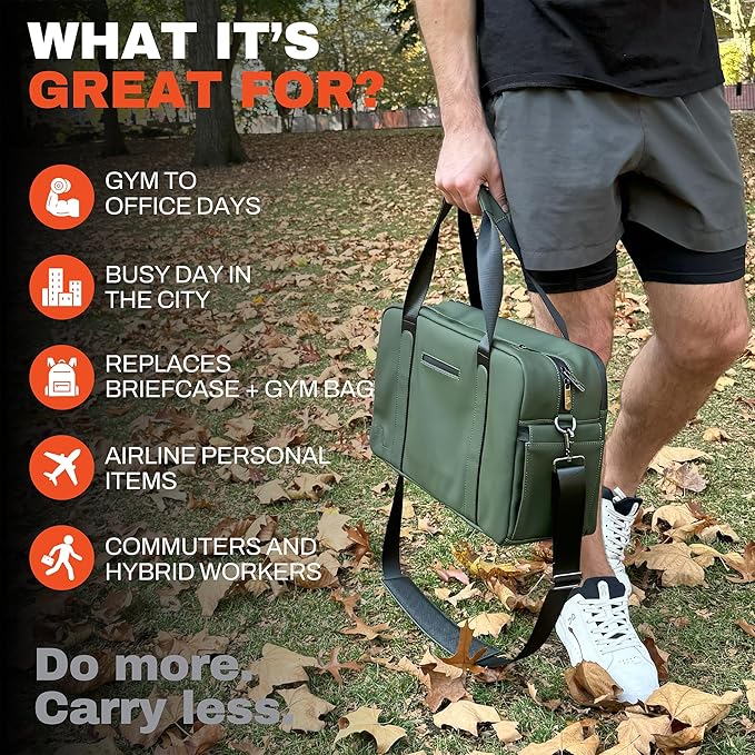 The FTL Lite Mens Gym to Office Bag - 17L Briefcase Gym Bag Hybrid with Shoe Compartment & 16" Laptop Sleeve - Executive Daily Carry & Overnight Duffel for Athletic Business Pros - Abbot Green