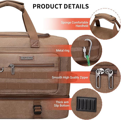 WITZMAN Duffle Bag for Men 50L Canvas Weekender Overnight Bag with Toiletry Bag Sets Travel Duffel Bag Shoes Compartment（A8010-2 Brown）