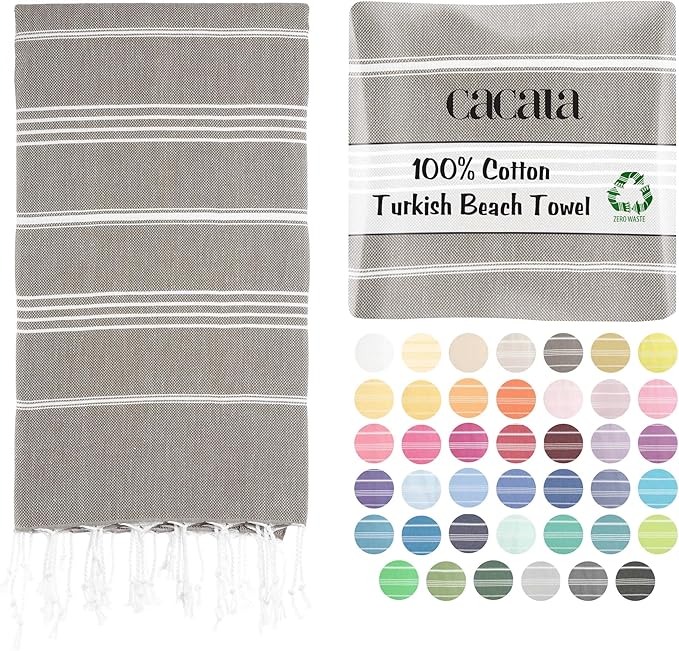 Cacala Lightweight and Thin Turkish Beach Towel 100% Cotton Sand-Free and Quick-Drying Goodness Perfect as an Extra Large Travel Towel, Beach Accessory, or Gift for Beach Lovers, 37 x 70