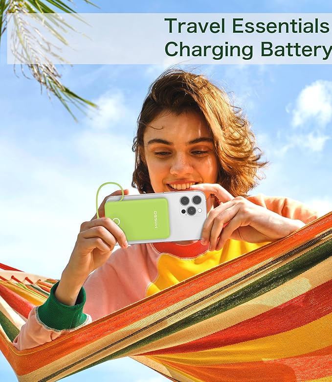 miisso 6000mah Ultra Slim Built in Cables Power Bank, Card Size Built in USB C Cords Battery Pack Portable Charger for Phones, 3 Output External Battery Pack Compatible with iPhone, Deep Green