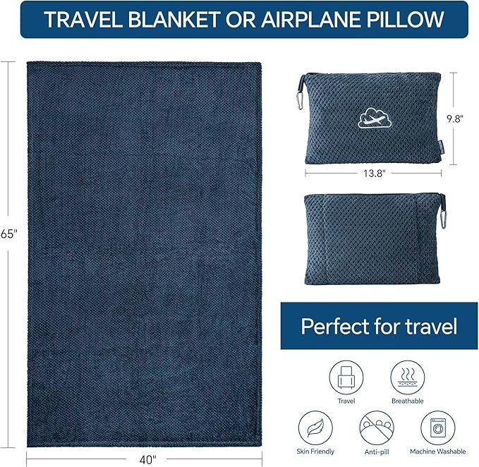 BEDELITE Travel Blanket with Bag, Ultra-Soft Jacquard Fleece Blanket with Luggage Sleeve & Backpack Clip, Airplane Blanket Travel Essentials, Navy