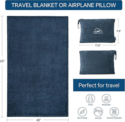 BEDELITE Travel Blanket with Bag, Ultra-Soft Jacquard Fleece Blanket with Luggage Sleeve & Backpack Clip, Airplane Blanket Travel Essentials, Navy