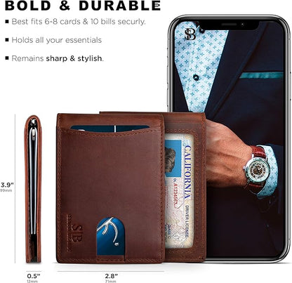 SERMAN BRANDS RFID Blocking Slim Bifold Genuine Leather Minimalist Front Pocket Wallets for Men with Money Clip Thin Gift