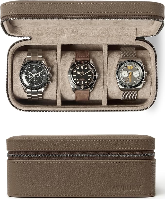 TAWBURY Luxury Leather Watch Box Unisex – Mens Travel Watch Case Zipper Closure | Taupe Top-Grain Genuine Leather Watch Travel Roll | Real Leather Watch Boxes for Men Travel | 3 Watch Carrying Case