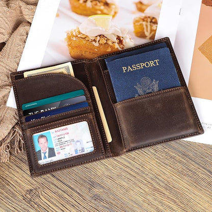 Polare Full Grain Leather Passport Holder RFID Blocking Travel Bifold Wallet Passport Holders 2 Passports (Dark Brown)