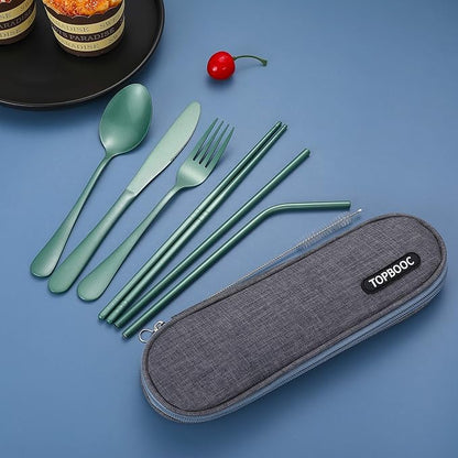 Portable Stainless Steel Flatware Set, Travel Camping Cutlery Set, Portable Utensil Travel Silverware Dinnerware Set with a Waterproof Case (Green)