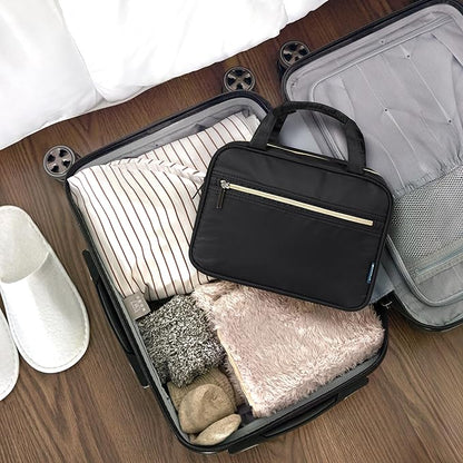 PAVILIA Hanging Toiletry Bag Travel Bag Women Men, Foldable Cosmetic Organizer, Roll up Makeup Bag, Water Resistant Accessories Toiletries, Large Travel Essentials Kit (Black Gold)