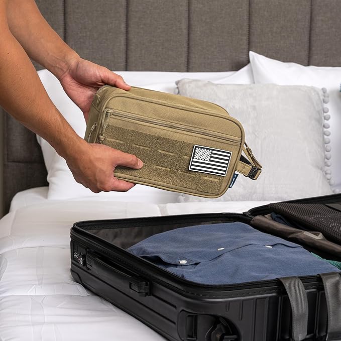 PAVILIA Tactical Toiletry Bag for Men, Travel Hygiene Bag, Military Gear Dopp Kit, Water Resist Molle Accessories Pouch, Mens Shaving Essentials, Gym Bathroom Shower Small Toiletries Tool EDC, Tan