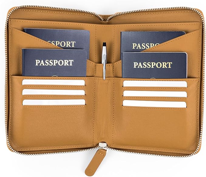 Full Grain Leather Family Passport Holder for 4 Passports - RFID Passport Holder and Travel Document Organizer - Large Leather Travel Wallet for Families - Camel