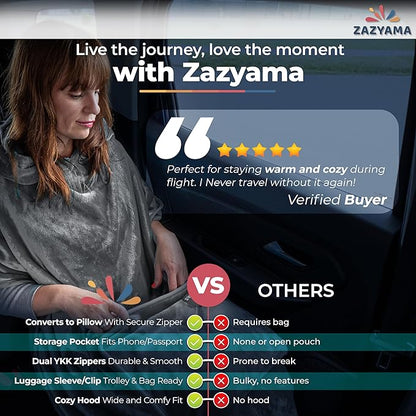 3-in-1 Travel Blanket Airplane – Compact with Bag & Pillow Combo Set, Gray Ultra-Soft Fleece | Packable Blanket Compact | Hidden Pocket | Trolley Sleeve | Carabiner | Travel Essentials