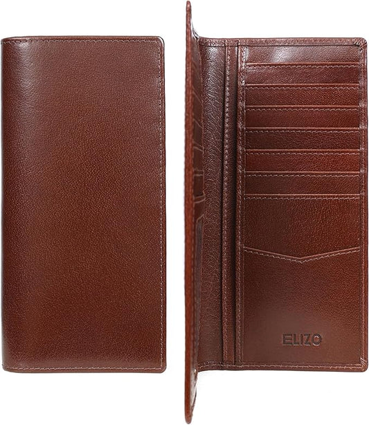 ELIZO Men's Genuine Leather Long Wallet - RFID Blocking Rodeo Checkbook Wallet | Slim Western Bifold Wallet with 16 Card Slots, ID Window | Top Grain Leather Cowboy Wallet