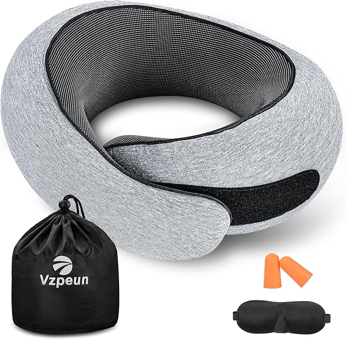 Neck Travel Pillow | Memory Foam Neck Pillow for Comfort on Airplane, Compact Ergonomic Design for Traveling, Car Rides, Home Offices Use, Ideal for Adults Women Men(Light Gray)