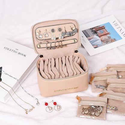 Angelina's Palace Jewelry Organizer Case Bridesmaid Gifts Travel Bag Vegan Leather Box for Necklace Earring Bracelet Ring(light fawn)