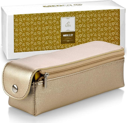 Large Weekly Pill Organizer Box in Gold Leather Case - 7 Day Week Pill Planner Organizers & Medication Reminder with 4 Times a Day - Daily Compartments That is Ideal for Travel by MEDca