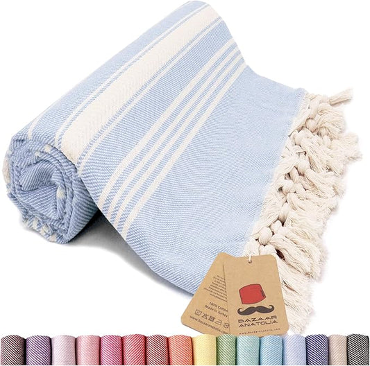 Bazaar Anatolia Turkish Beach Towel – 100% Cotton, Quick Dry, Sand Free Towel for Bathroom, Travel, Camping – Oversized 71x39 Inches – Stripe Light Blue