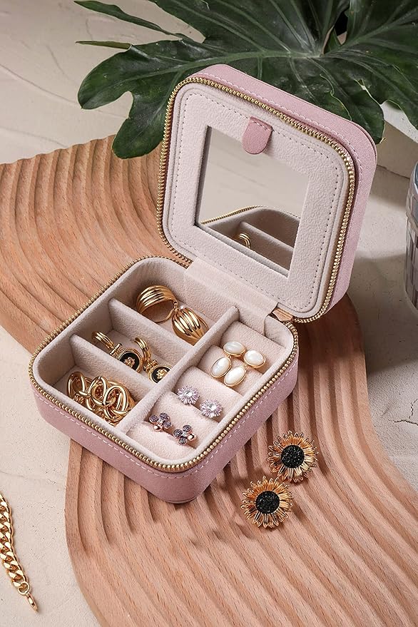 S.Leaf Travel Jewelry Organizer Boxes for Women Small Portable Necklace Earrings Bracelet Rings Travel Case Best Friend Birthday Gifts for Women Trendy (05_Suede_Touch_Dust_Pink)