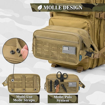 PAVILIA Extra Large Tactical Toiletry Bag for Men, Travel Hygiene Bag, Military Gear Dopp Kit, Molle Accessories Pouch, Shaving Grooming Essentials Gym Bathroom Shower Toiletries Tool EDC, Tan XL