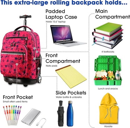 J World Sundance Laptop Rolling Backpack for Girls Boys. Roller Bookbag with Wheels, Bellis