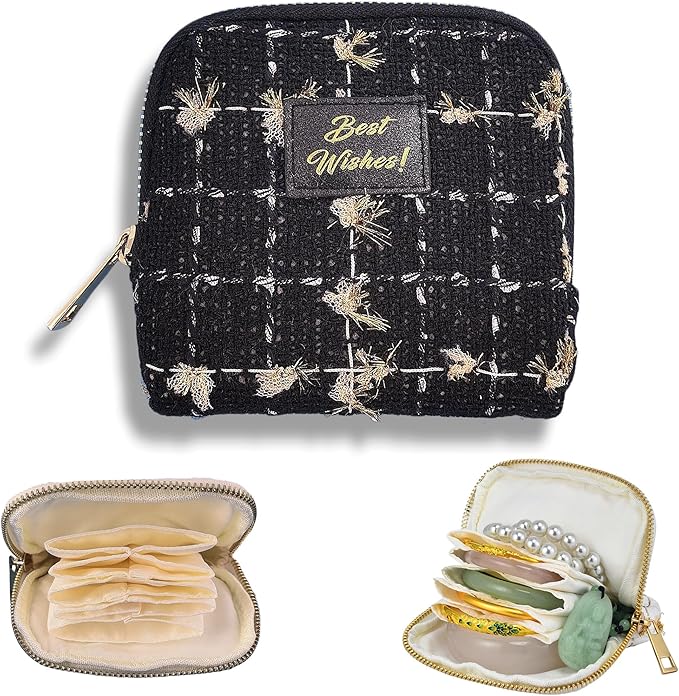 Small Travel Jewelry Case, Soft Tweed Organizer Pouch for Bangle, Bracelets, large Earrings, Beaded necklace, Anti-Scratch & Portable Jewelry Bag Holder for Travel & Everyday Use (Black Sparkle)