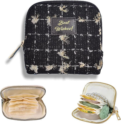 Small Travel Jewelry Case, Soft Tweed Organizer Pouch for Bangle, Bracelets, large Earrings, Beaded necklace, Anti-Scratch & Portable Jewelry Bag Holder for Travel & Everyday Use (Black Sparkle)