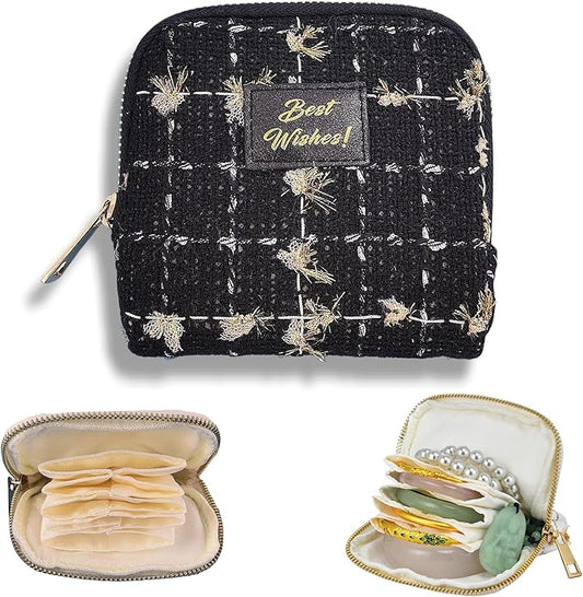 Small Travel Jewelry Case, Soft Tweed Organizer Pouch for Bangle, Bracelets, large Earrings, Beaded necklace, Anti-Scratch & Portable Jewelry Bag Holder for Travel & Everyday Use (Black Sparkle)