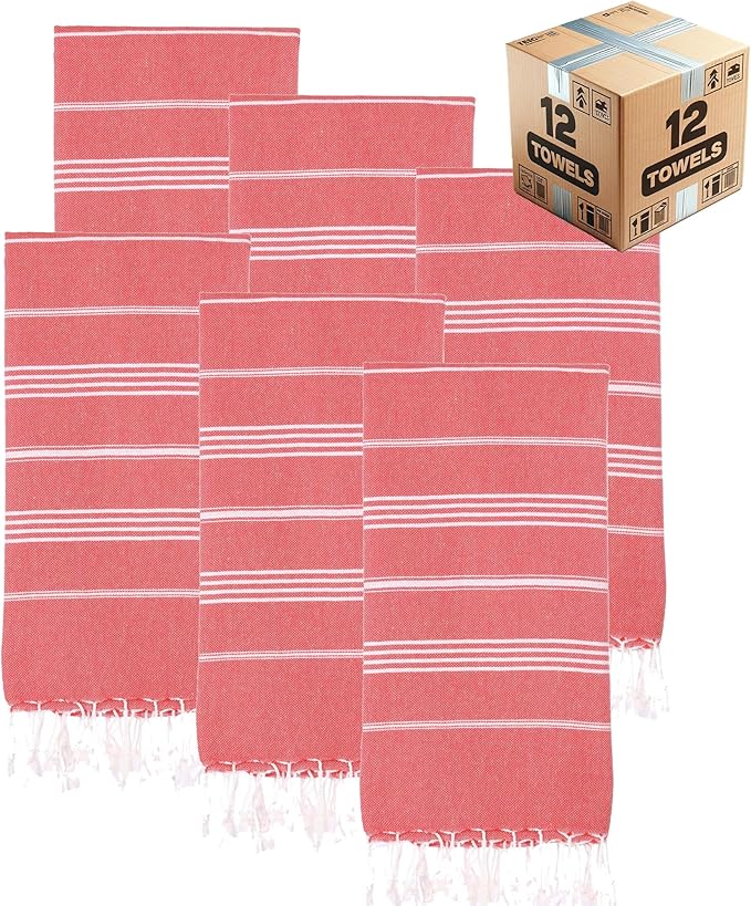 Turkish Beach Towels, Bulk Case of 12 | Oversized, Quick Dry, Sand Free | 100% Cotton, Large 38x71 Towels for Beach, Pool, Travel | Ultra-Soft, Compact, Absorbent | Red