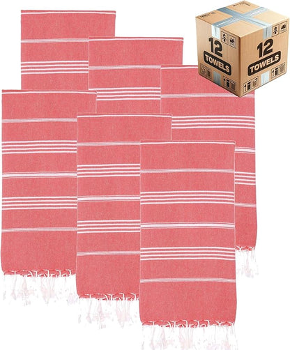 Turkish Beach Towels, Bulk Case of 12 | Oversized, Quick Dry, Sand Free | 100% Cotton, Large 38x71 Towels for Beach, Pool, Travel | Ultra-Soft, Compact, Absorbent | Red