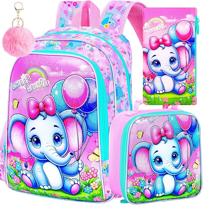 WZLVO 3PCS Backpack for Girls, 16'' Kids Elephant Bookbag with Lunch Box, Cute Animal Water Resistant School Bag Set for Elementary Kindergarten Preschool