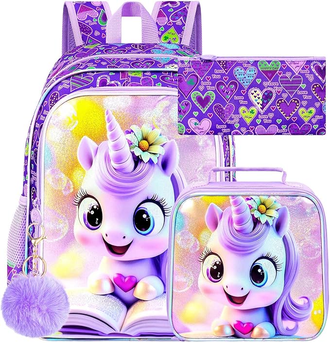 WZLVO 3PCS Unicorn Backpack, 16" Glittery UV Printing Girls Bookbag/School Bag with Lunch Box & Pencil Bag for Preschool to Elementary - Reading Unicorn Purple