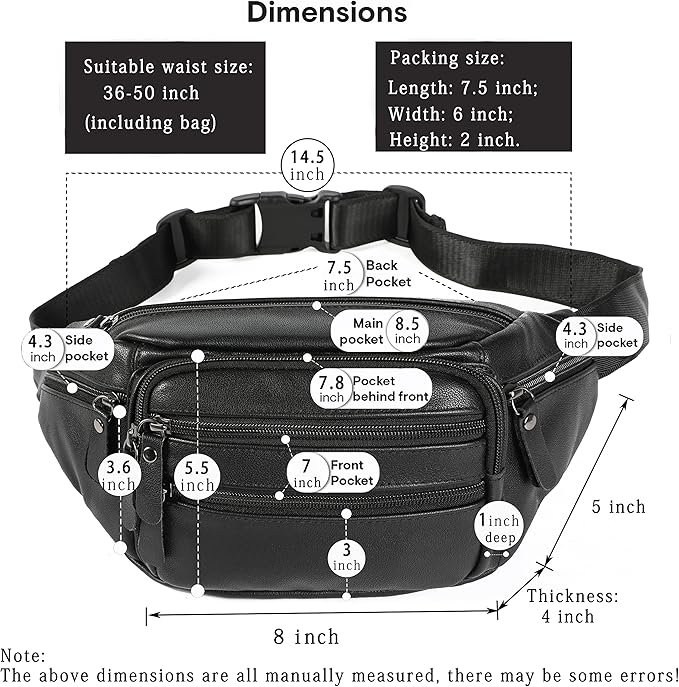 Black Leather Fanny Pack for Men & Women, Fashionable Multi-Pockets Waist Belt Bag for Travel Sports Hiking Cycling Fishing Running