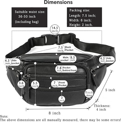 Black Leather Fanny Pack for Men & Women, Fashionable Multi-Pockets Waist Belt Bag for Travel Sports Hiking Cycling Fishing Running