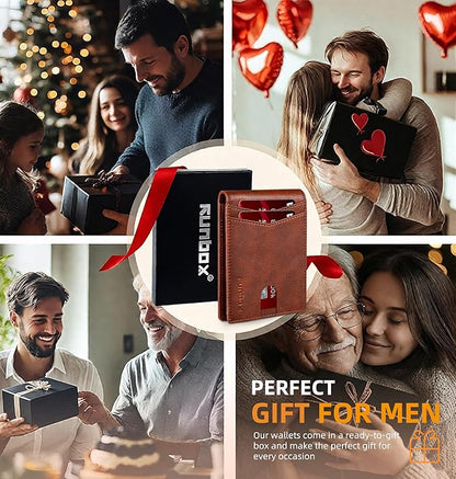 RUNBOX Wallet for Men Slim Rfid Leather 2 ID Window With Gift Box