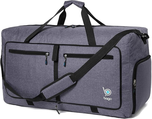Bago Large Foldable Duffel Bags for Traveling Women & Men - 80L Packable Duffle Bag for Travel with Shoe Compartment - Water Repellant, Heavy Duty, Lightweight Folding & Collapsible (SnowBlack)