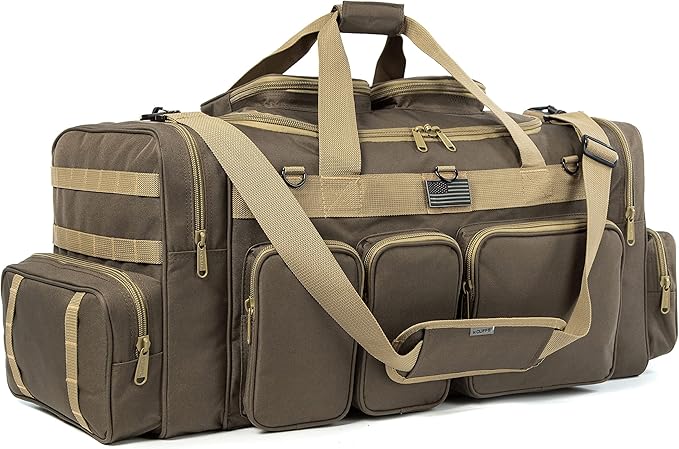 K-Cliffs Tactical Range Duffel Heavy Duty Large Gear Duffle Durable Quality Travel Sports Gym Equipment Bag Military Molle with Lockable Zippers with US Flag Patch 33 Inch Khaki