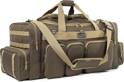 K-Cliffs Tactical Range Duffel Heavy Duty Large Gear Duffle Durable Quality Travel Sports Gym Equipment Bag Military Molle with Lockable Zippers with US Flag Patch 33 Inch Khaki