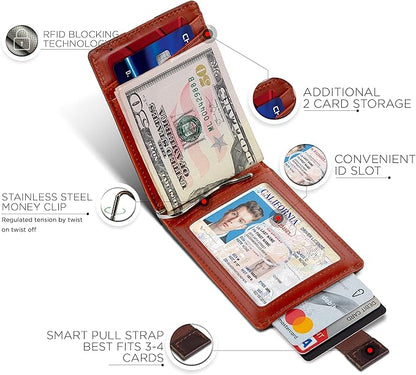 SERMAN BRANDS RFID Blocking Slim Bifold Genuine Leather Minimalist Front Pocket Wallets for Men with Money Clip Thin Mens