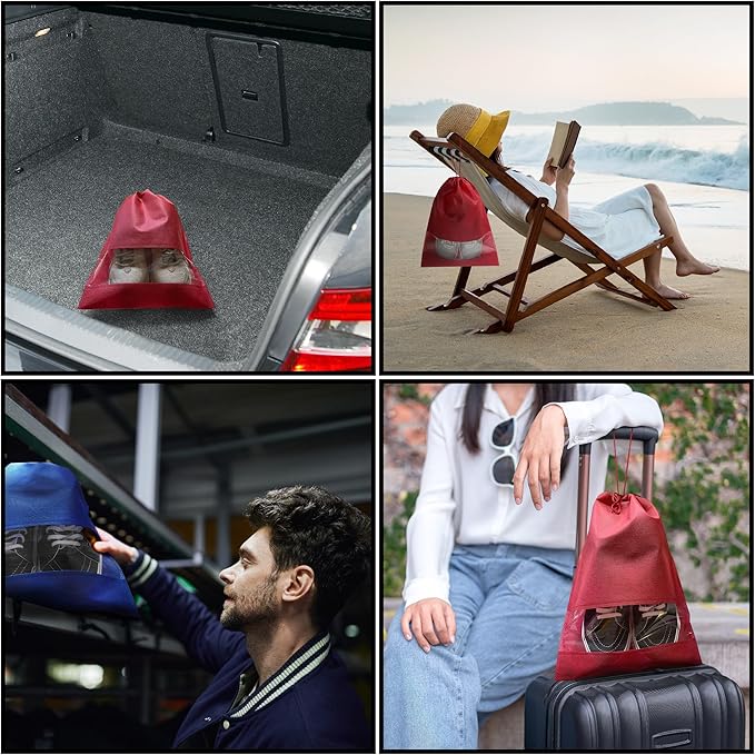 Shoe Bags for Travel, Packing, Storage, Organizing & Suitcase (12 Pack). Reusable Dustproof & Water Resistant Sneakers Pouch Protectors with Clear Window & Drawstrings. (Pink, Azure Blue, Black)