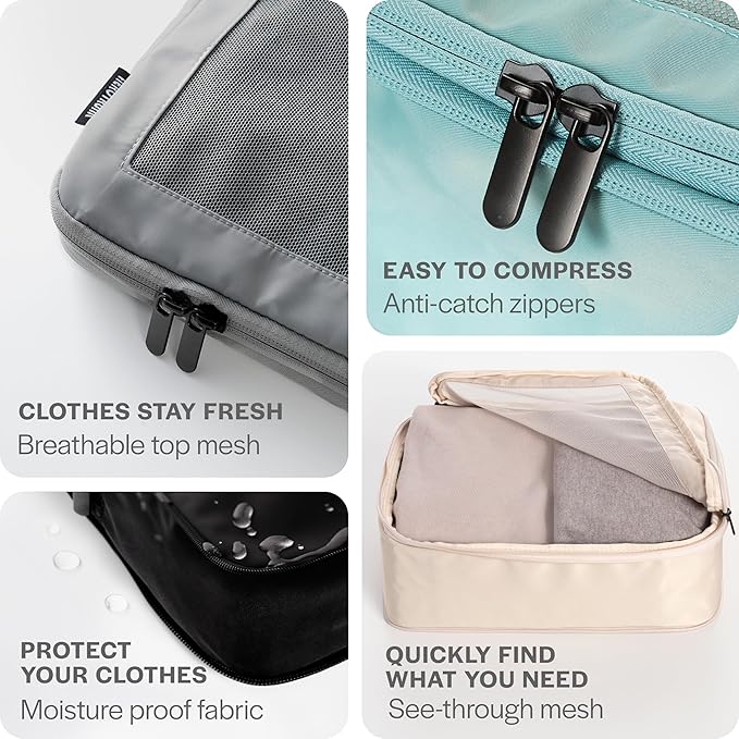 Aerotrunk Compression Packing Cubes for Travel - Luggage Organizer Bags - Double Zipper Packing Cubes for Suitcases (4-Pack, Light Grey)