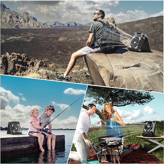 PANERGY Solar Fan with Lantern for Camping, Rechargeable Battery Powered Fan(36H cooling/60H lighting), 4-Speed, 8H Timer, 90°Folding Cordless & Portable for Outdoor Travel RV Power Outage