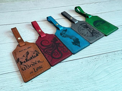 Mayan Corner - Handcrafted Leather Luggage Tag, Fox Design, Blue, ID Window, Brass Hardware, 4.3 x 2.7 inches