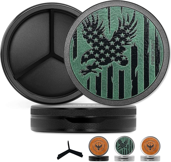 Leather-Faced Metal Pouch Can | Metal Container | Slim EDC Pocket Tin | Airtight & Moisture-Resistant | Daily Organizer | Pill Case & Travel Tin | Father’s Day Gift for Dad | (American Flag, Black)