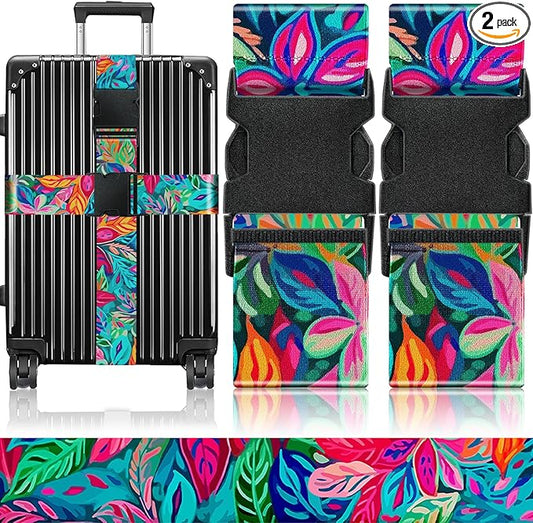Slohif Luggage Straps for Suitcases Travel Belt Accessories Luggage Connector Identifiers Over Handle with Buckle Unique Nylon Adjustable Strap for Sleeping Bag Car Seat Colorful Leaf (2 Pack)