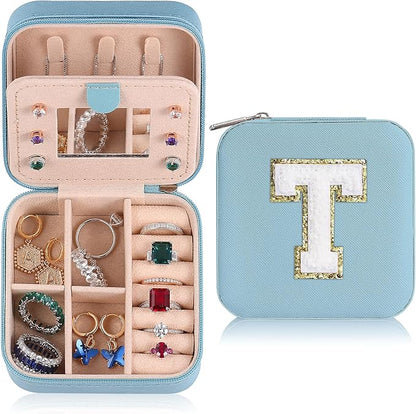 Parima Mom Gifts for Women, Travel Jewelry Case for Mother Gifts | Travel Gifts for Mother Mom from Daughters | Travel Essentials Small Jewelry Box | Jewelry Travel Organizer - Letter T, Sky Blue