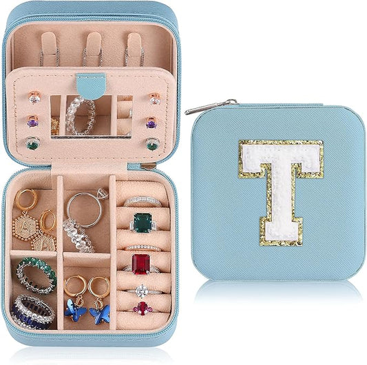 Parima Mom Gifts for Women, Travel Jewelry Case for Mother Gifts | Travel Gifts for Mother Mom from Daughters | Travel Essentials Small Jewelry Box | Jewelry Travel Organizer - Letter T, Sky Blue
