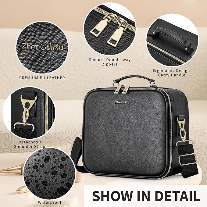 Travel Makeup Bag with LED Mirror, Portable Cosmetic Case Organizer with Lighted Mirror, Waterproof Makeup Case for Cosmetic Brush Holder Storage, Black Toiletry Bag for Women Gift