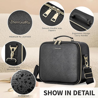 Travel Makeup Bag with LED Mirror, Portable Cosmetic Case Organizer with Lighted Mirror, Waterproof Makeup Case for Cosmetic Brush Holder Storage, Black Toiletry Bag for Women Gift